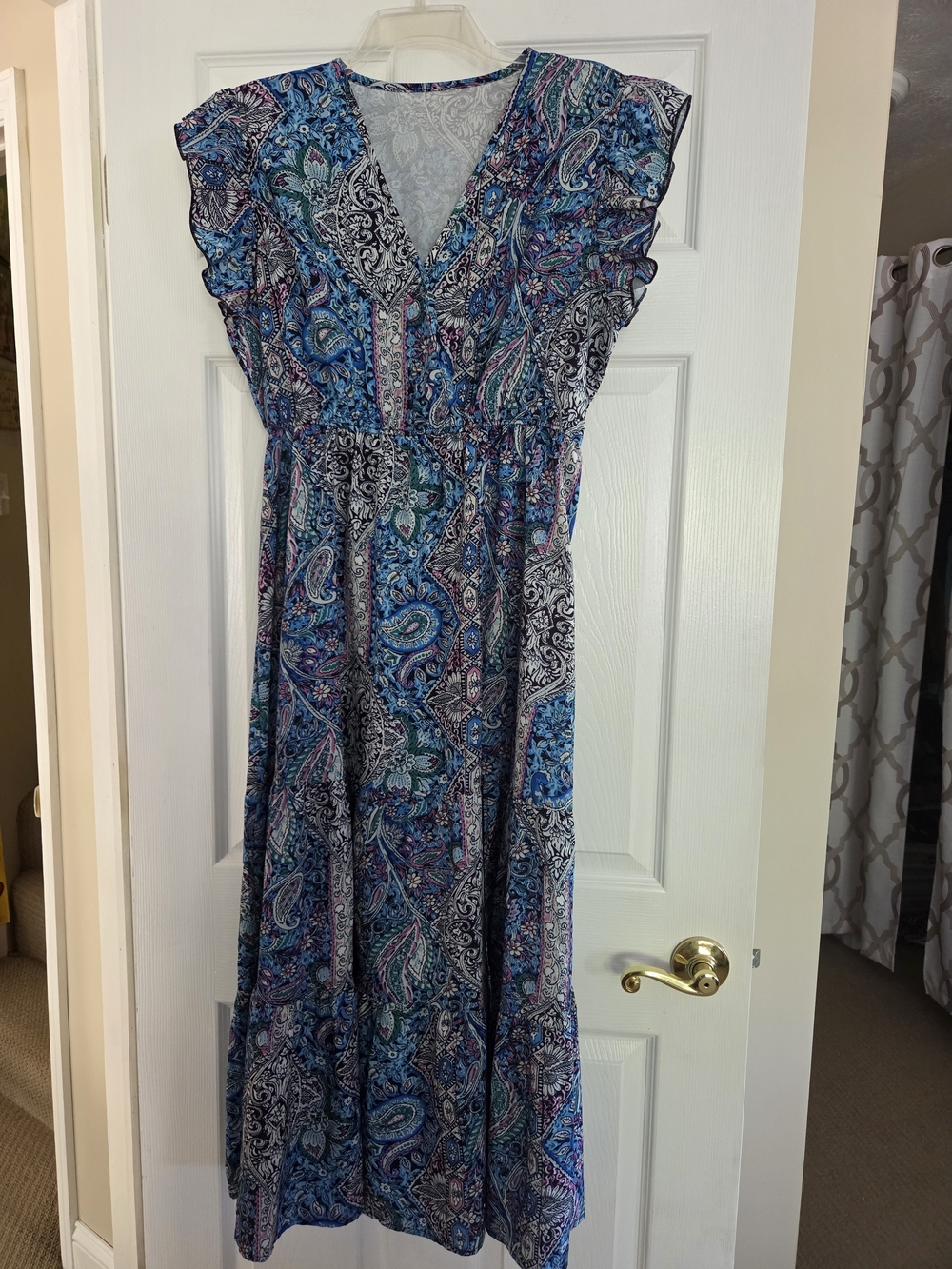 Blue Paisley V-Neck Maxi Dress with Elastic Waist Sz 12
